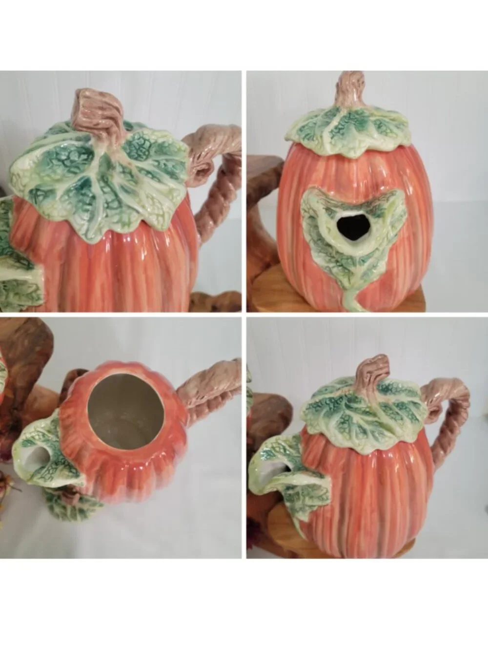 Vtg Fitz & Floyd OCI Fall Kitschy Cottagecore Ceramic Pumpkin Tea Pot & Basket